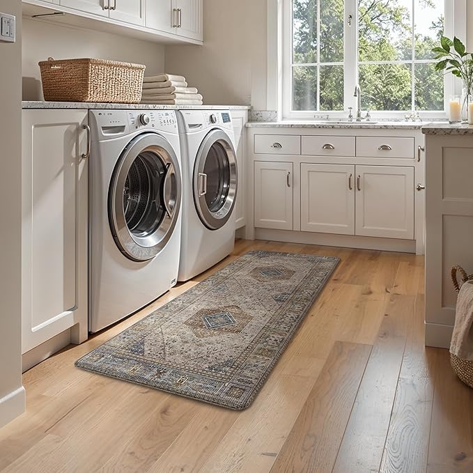 GENIMO Kitchen Mats for Floor 2PCs, Washable Anti Fatigue Mat for Cushioned, 17.3"x47"+17.3"x30", Waterproof Kitchen Rugs, Non Slip Comfort Standing Mat Rug for Home, Sink, Laundry, Brown