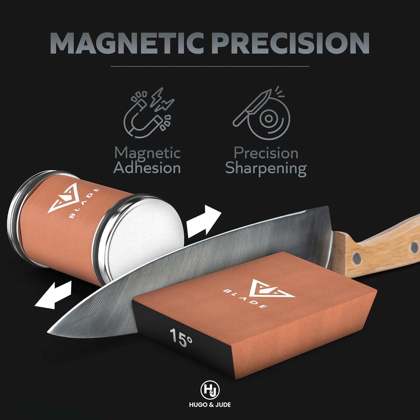 Hugo & Jude BLADE Rolling Knife Sharpener - Sharpening Made Easy with Ergonomic Diamond Rolling Wheel Sharpener, 15° & 20° Magnetic Angles for Kitchen Knife Sharpener - Kitchen Gadgets Gifts