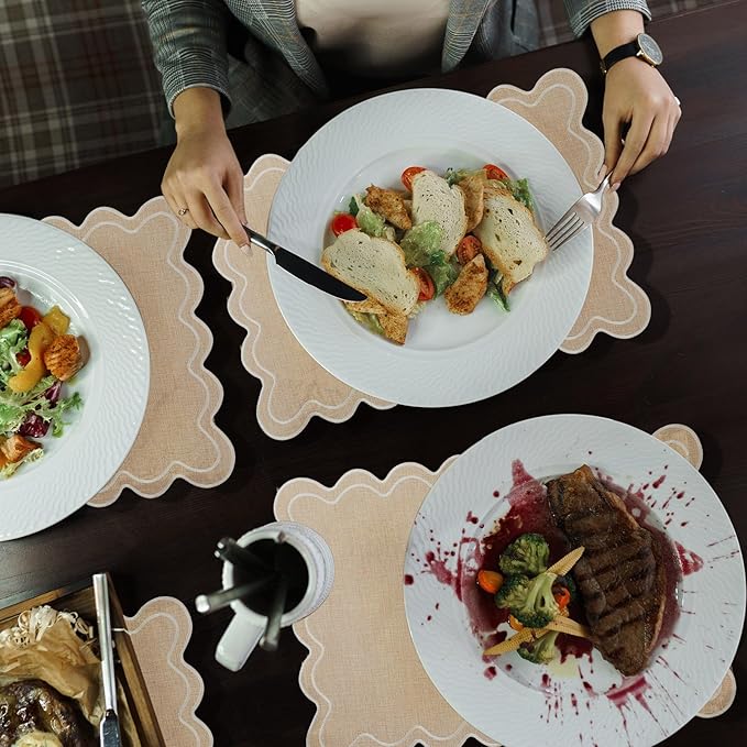 12 Set Linen Placemat 13x19 Wavy Embroidery Scalloped Placemat Double Layered Washable Farmhouse Dinner Table Mat Fabric Napkin for Christmas Hotel Restaurant Wedding Party(Linen Color)