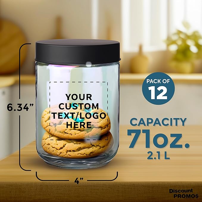 DISCOUNT PROMOS Custom Luminous 32 oz.Storage Jars Set of 12, Personalized Bulk Pack - Durable Kitchen Organization, Home Decor Essentials, Food Storage Solutions - Clear