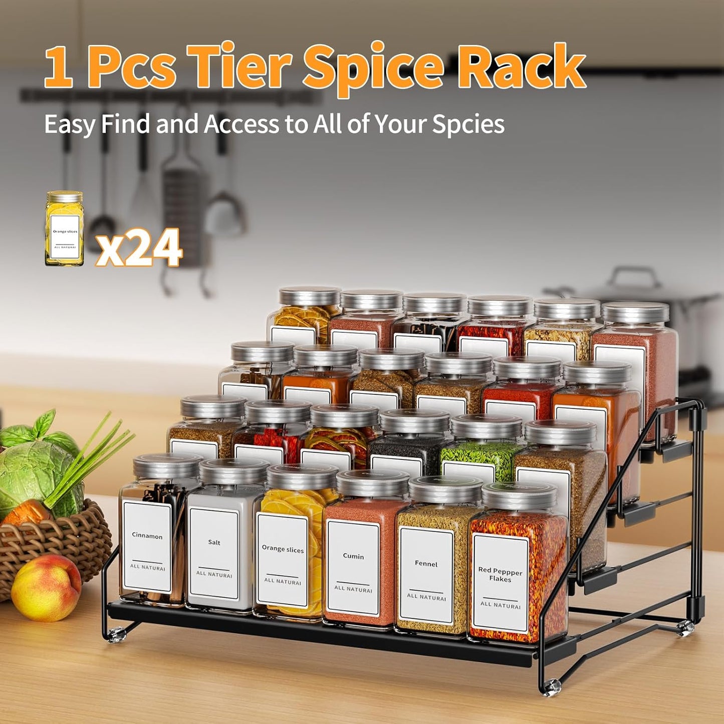 4 Tier Spice Rack for Cabinet, Spice Rack Organizer, Depth Adjustable Spice Holder for Countertop, Cupboard, Pantry, Seasoning Shelf, Metal, Black (1 Pack)