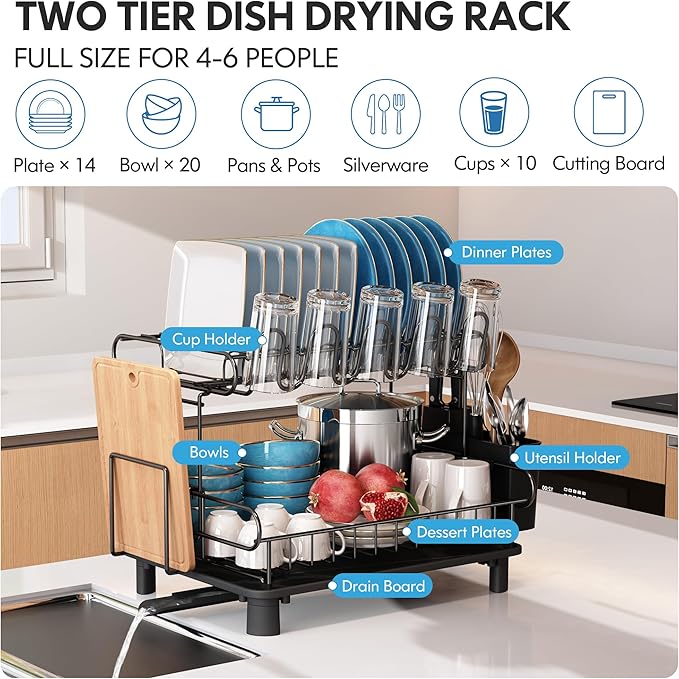 MAJALiS 2 Tier Black Large Stainless Steel Dish Drainers Drying Rack for Kitchen Counter with Drainboard, Rust Proof Metal, Space Saving, Modern Aesthetic, Compact Plates Strainers