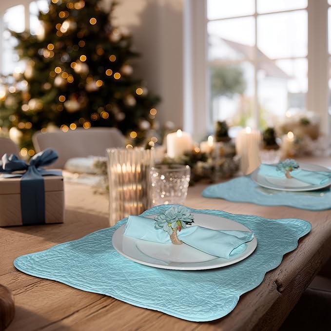 Quilted Placemats Set of 4 with Matching White Cotton Napkins – 4 Piece Table Mats & 4 Cloth Napkins – Solid Color Table Linen Set for Everyday & Holiday Dining (4, Aqua Blue)