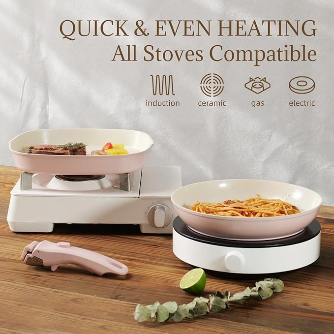 23Pcs Ceramic Cookware Set Non Stick Pots and Pans Set Non Toxic with Detachable Handle Induction Kitchen Cookware Set Space Saving, Oven & Dishwasher Safe, Pink