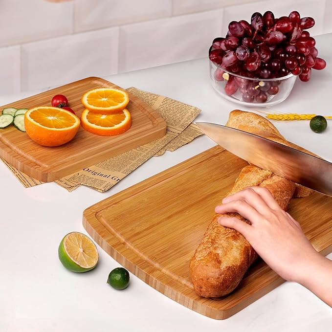 Bamboo Cutting Board Set of 2 - Double-Sided Cutting Board with Juice Groove for Kitchen, Bamboo Serving Board Chopping Board for Meat, Vegetables and Cheese