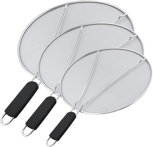 13'', 11.5'', 9.8'' Stainless Steel Grease Splatter Guard for Frying Pan with Comfortable Grip Handle, Ultra Fine Mesh Prevents Oil Splatters and Messes, Heavy Duty Splatter Screen