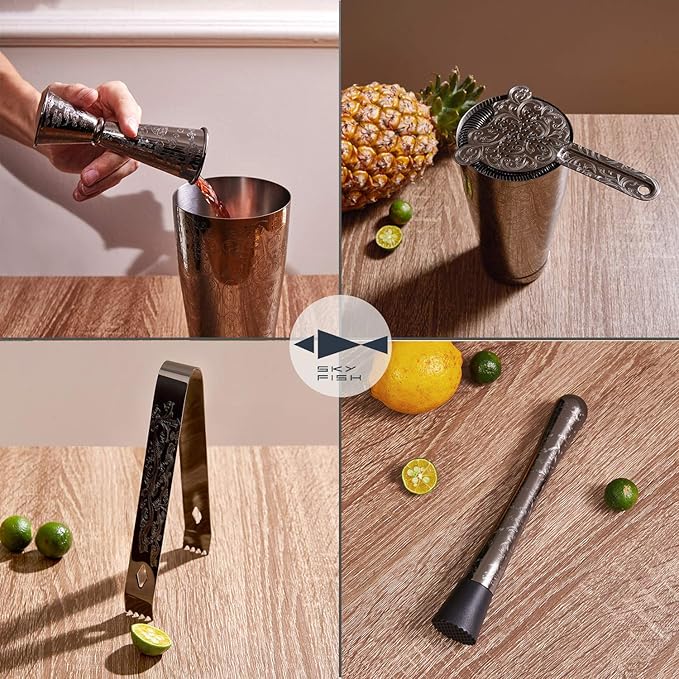 SKY FISH Bartender Kit Cocktail Shaker Set-7 Pieces Stainless Steel Black Plated Etching Bar Tools with Boston Shaker Tins,Mixing Spoon,Mojito Muddler,Japanese Double Jigger,Hawthorne Strainer