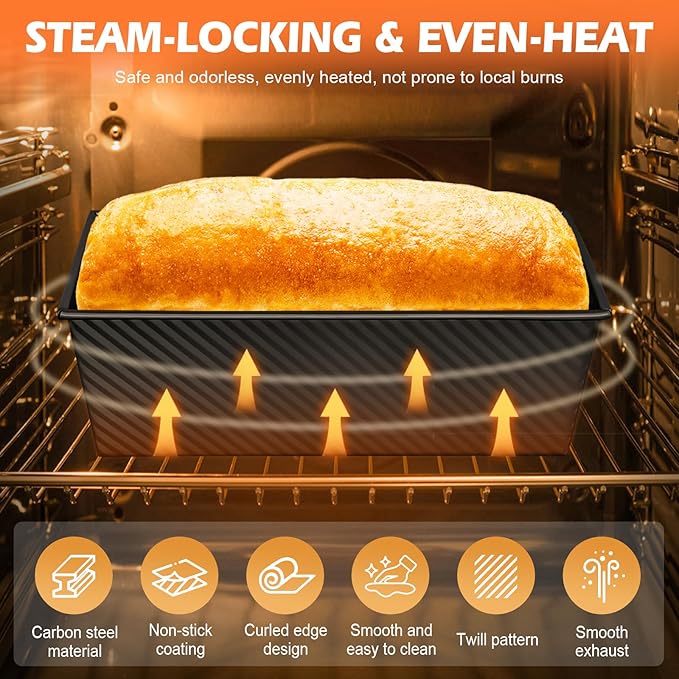 2Pack Bread Pan with Lids – 2.2 LB & 1 LB Dough Capacity, Non-Stick Carbon Steel Bread Pans for Homemade Sandwich and Sourdough Bread, Corrugated Toast Mold Black