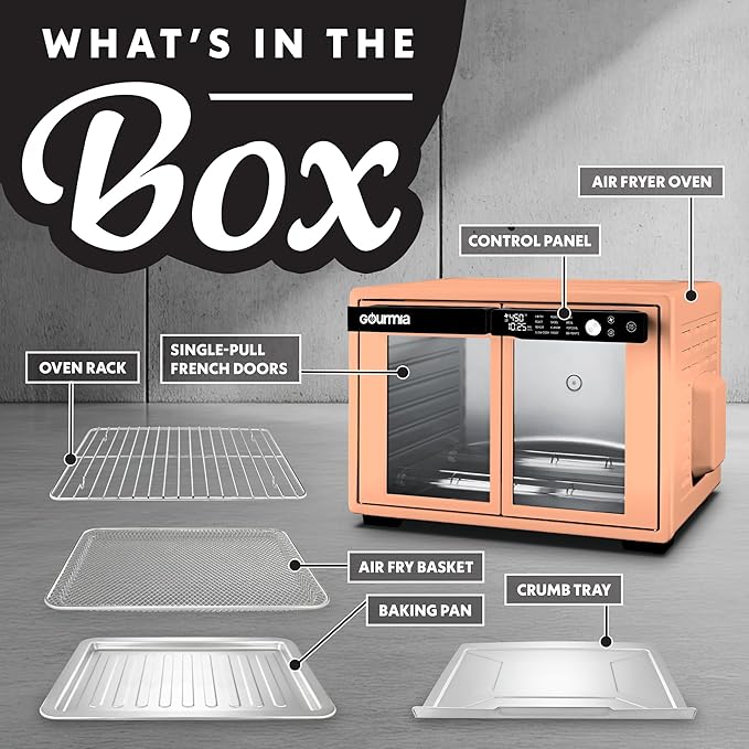 Gourmia French Door Digital Air Fryer Oven - XL 37QT Capacity, 12 Presets, FryForce 360° Tech, Dehydrate, Proof, Slow Cook, Fits 13” Pizza, 1700W, Peach