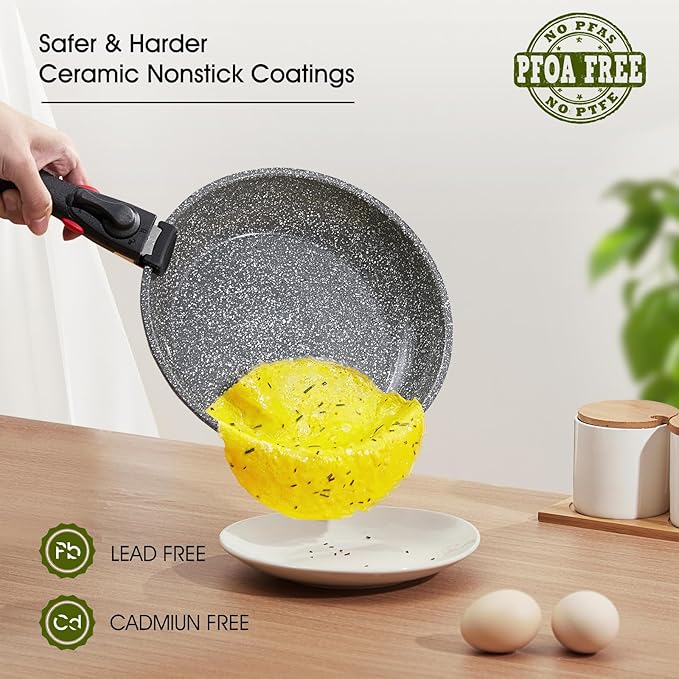 7pcs Pots and Pans Set Non Stick from France, Ceramic Cookware Set with Removable Handle, Induction RV Kitchen Cookware Set, Stackable, PFOA and PFAS Free, Oven Safe, Black Granite