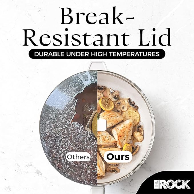 THE ROCK SOHO 4 Qt Nonstick Deep Frying Pan Skillet with Glass Lid, 11 Inch Large Deep Frying Pan, Ceramic Non Toxic Skillet with Heat-Resistant Handle, PFOA & PFAS Free, Oven & Dishwasher Safe, Cream