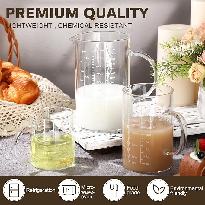 Lallisa 3 Pack High Borosilicate Glass Measuring Cups Set with Handle V Shaped Spout, 4, 2, 1 Cup 3 Scales (Oz, Cup, Ml) for Kitchen Restaurant Baking Cooking, Easy to Read, Clear(White Scale)