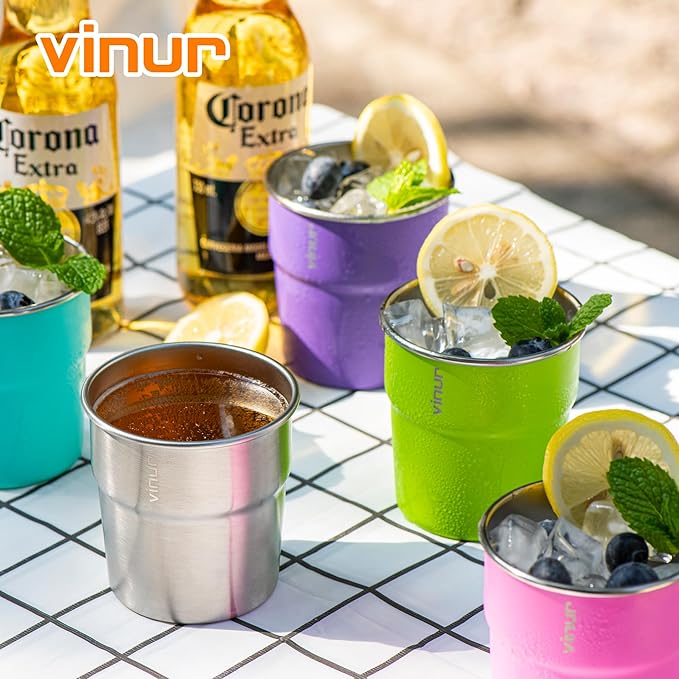 VINUR 8 oz Stainless Steel Cups Tumbler Stackable Metal Drinking Glasses for Travel, Camping, Outdoors, 4 Pack (Baby Blue-Navy-Teal-Purple)