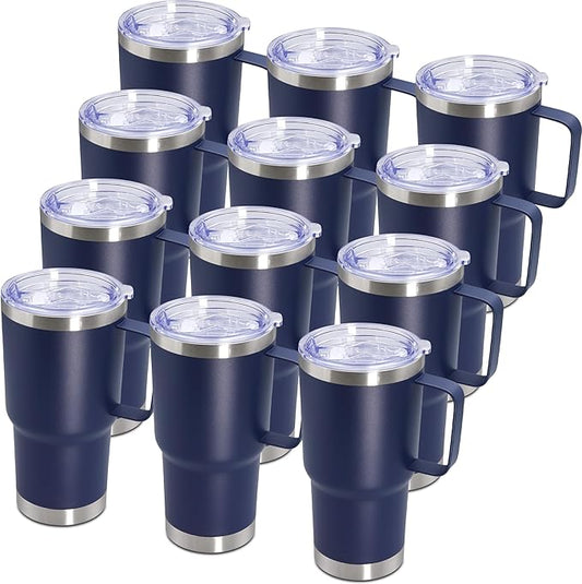 20 oz Tumbler with Handle and Lid, Stainless Steel Tumbler Insulated Travel Coffee Mug, Spill Proof Double Wall Vacuum Tumbler Cup Keep Drink Hot & Cold, Navy,12 Pack
