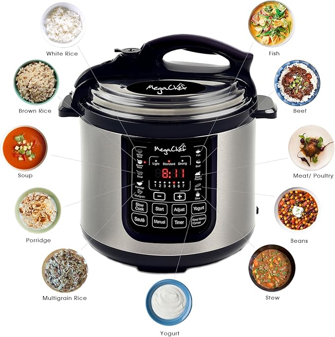 Megachef MCPR120A 8 Quart Digital Pressure Cooker with 13 Pre-set Multi Function Features, Stainless Steel