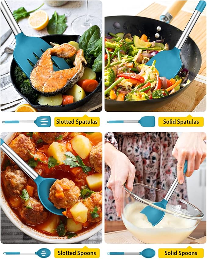 Pack of 4 Silicone Cooking Utensils Set, Non Stick Large Solid Spatulas, Heat Resistant Blue Slotted Spoons, Ideal BPA Free Kitchen Turners for Frying, Mixing,Serving,Draining,Turning,Stirring