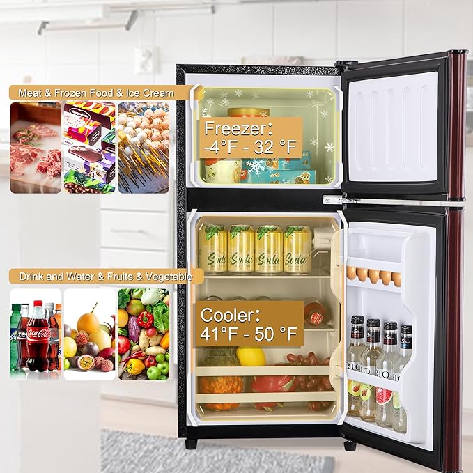 Mini Fridge with Freezer, 3.2 Cu. Ft. Double-Door Small Refrigerator with Adjustable 7-Level Thermostat & Separate Freezer, Dorm Fridge Compact for Kichen, RV, Office, Apartment, Wood