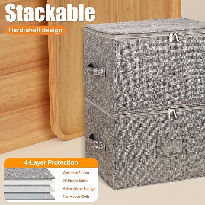 Wine Glass Storage Box 2-Pack, Stemware Container Cases, Stackable w/Hard Shell Top Sides Bottom, Moving Supplies, China Storage Containers for 24 Crystal Glasses Drinkware 9.2'' Tall, Grey