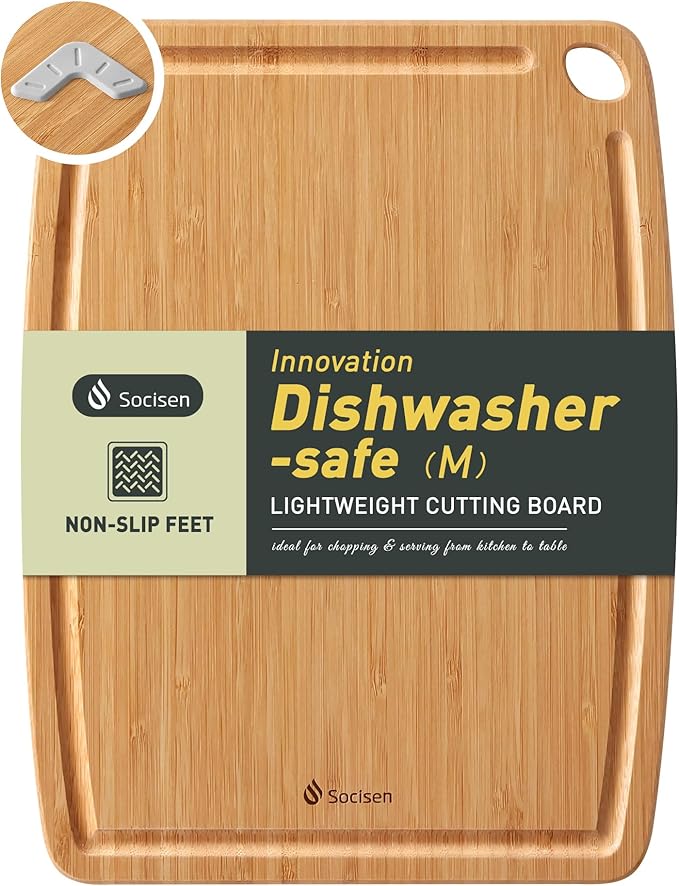 Lightweight Durable Bamboo Cutting Board with Non-Slip Feet, Reversible Wood Cutting Board with Juice Groove Easy to Store & Clean, Water-Resistant Ideal Kitchen Gift for Home Cooks
