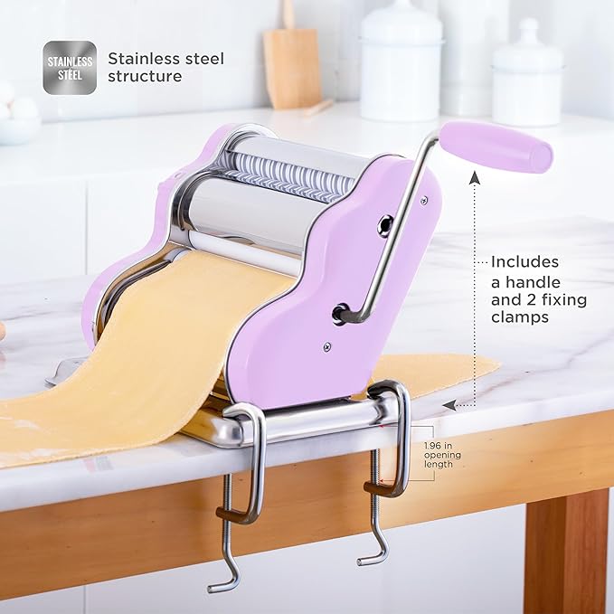 PASTALINDAClassic 200 Pasta Maker Machine, 20 cm Wide Rollers, 9 Thickness Positions, 2 Cutting Positions, Stainless Steel. Includes Reinforced Hand Crank And Two Clamps