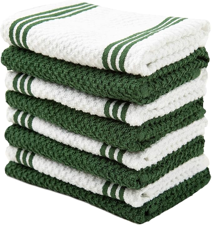 Sticky Toffee Cotton Dishcloths Set of 8 – 12x12 in Dark Green and White Dish Towels, Reusable and Absorbent Tea Towels for Cleaning or Drying, Oeko-Tex Cotton