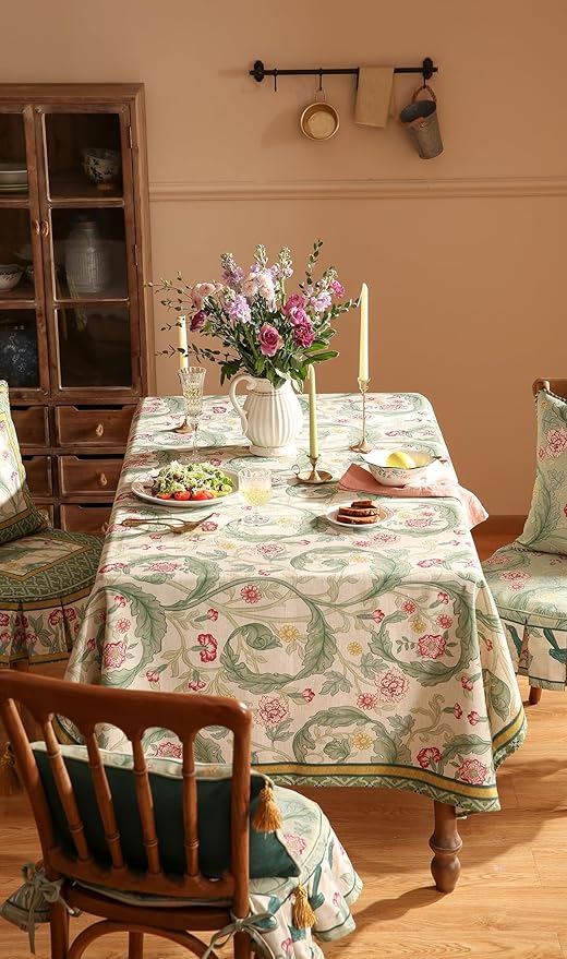 patdrea Designer Green Tablecloth for Rectangle Tables,Vintage Linen with Leaves and Flowers Pattern Tablecloths,Farmhouse Floral Table Cover Cloth Decor for Kitchen Dining Christmas,67"*118"