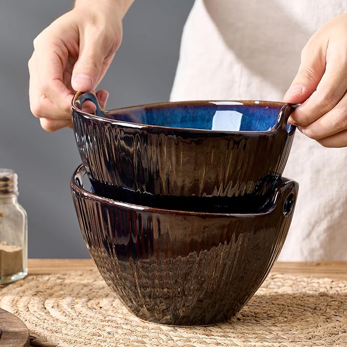Ramen Bowl with Chopsticks and Spoons Set, 7 Inch Ceramic Noodle Bowl Set of 2, Dishwasher Safe for Pho Udon Soba Noodle Salad Pasta, Special Reactive Glazed Dark Blue Bowls Set