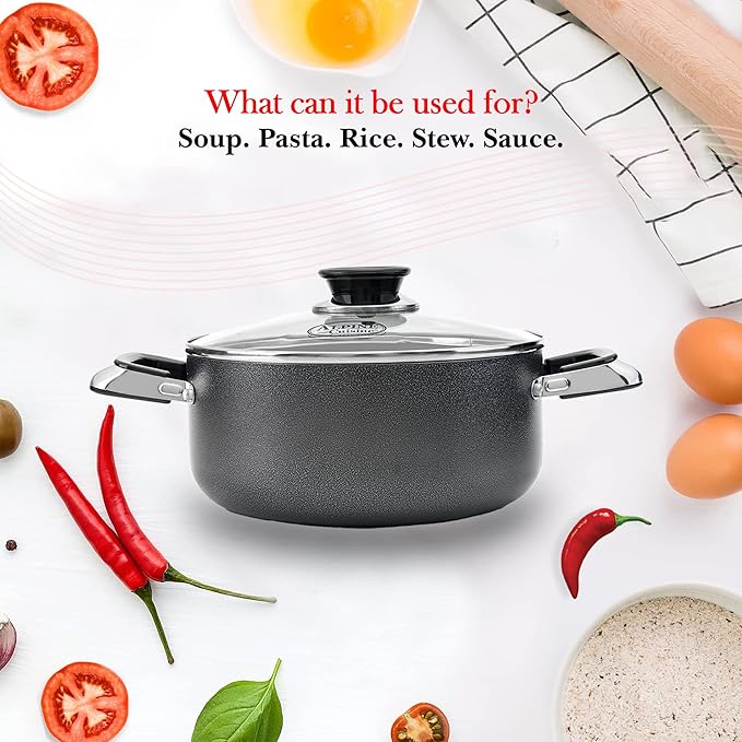 Alpine Cuisine 4 Quart Non-stick Stock Pot with Tempered Glass Lid and Carrying Handles, Multi-Purpose Cookware Aluminum Dutch Oven for Braising, Boiling, Stewing