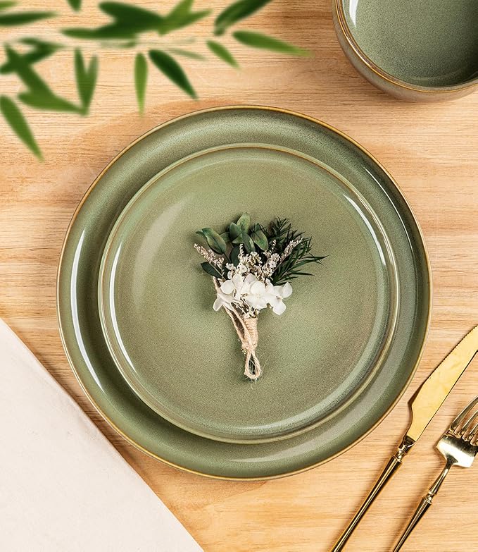 TheTerra Ceramic Dinnerware Sets for 4, 12 Pieces Handmade Reactive Glaze Plates and Bowls Set, Scratch Resistant Dish Set, Oven & Microwave & Dishwasher Safe, Brown Green