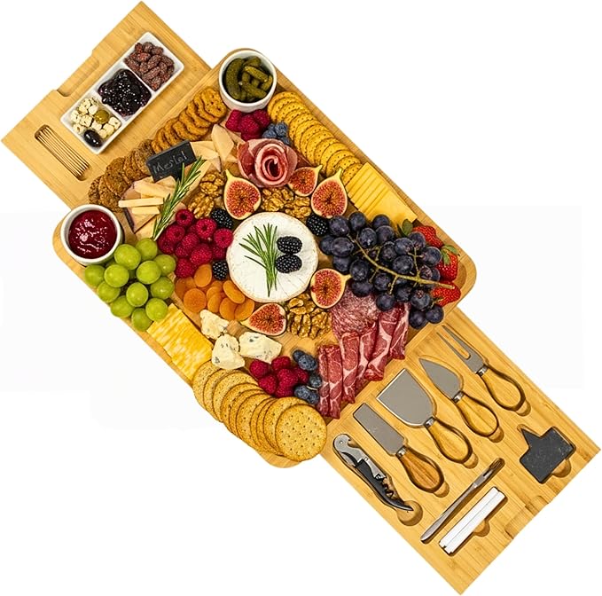 Bamboo Cheese Board and Knife Set with Wine Accessories – Large Charcuterie Board Gift Set with Bowls, Slate Labels & Utensils, Perfect for Christmas, Wedding, Housewarming & Entertaining
