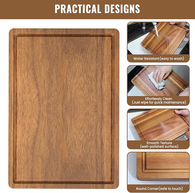 Acacia Wood Cutting Boards Set of 3 for Kitchen, Large Wooden Cutting Board with Juice Groove, Charcuterie Board, Chopping Board for Meat, Cheese, Fruits(17x12, 12x10, 12x7 inch)