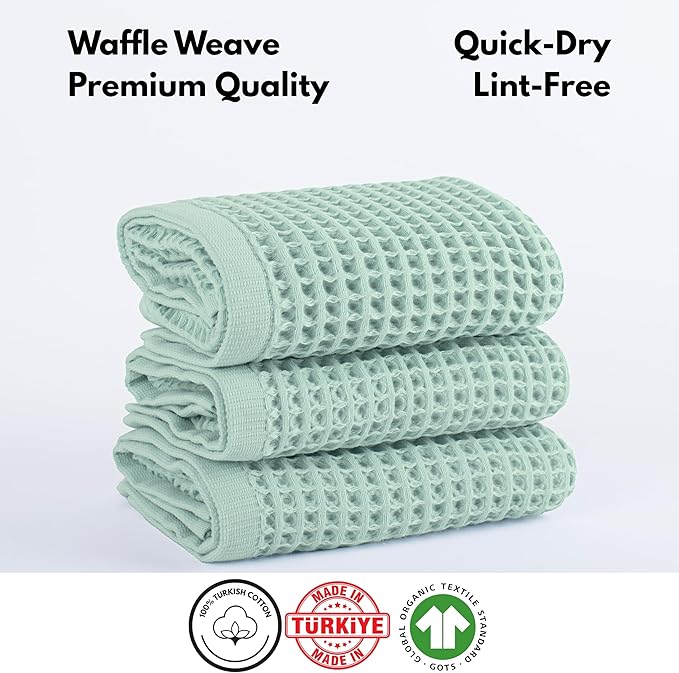 PÜSKÜL Organic Waffle Kitchen Towel 100% Turkish Cotton Set of 3 Ice Green - Premium Quality, Soft, Quick-Dry, Absorbent, Lint-Free Hand Towels 32X16 Inches (3, Ice Green)
