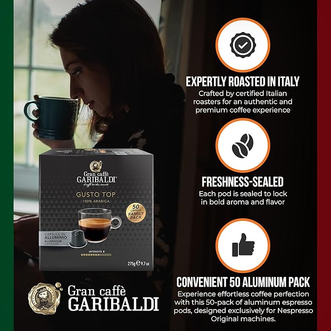Gran Caffè Garibaldi Espresso Pods, Italian Roasted Compatible Nespresso Original Line Machines, 100% Arabica Blend, Brazilian & Central American Beans, Cocoa Aroma - Gusto Top (Aluminum) 50 Cups