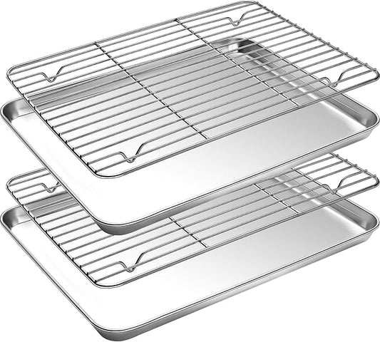 CEKEE Baking Sheet and Cooling Rack Set, 4PCS Stainless Steel Cookie Sheets for Baking with Baking Rack, Non Toxic & Heavy Duty & Easy Clean Baking Pan Tray for Toaster Oven, Size 18 x 12 x 1 Inch
