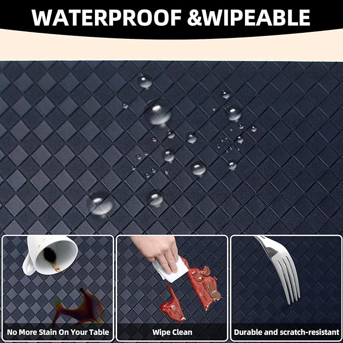 Vinyl Placemats Set of 6-12×17.7 Inch Waterproof & Heattable Placemats, Fall Faux Leather Wipeable Outdoor Table Mat for Dining, Kitchen, Indoor Outdoor Use (Dark Blue, Diamond Pattern)