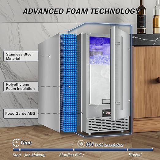 Under Counter Ice Maker Machine - 120 LBS/Day, Built in/Freestanding Placed, Auto-Cleaning,Reversible Door, Built 25LBS Ice Storage, Stainless Steel Ice Machine for Home & Commerial Outdoor Use