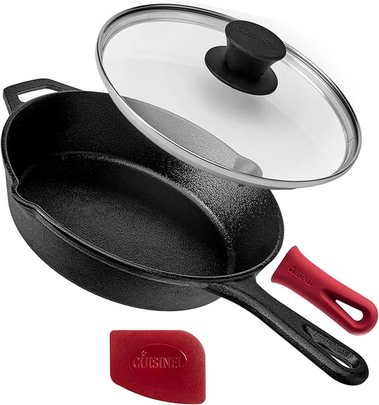 Cuisinel Cast Iron Skillet with Lid - 8"-Inch Frying Pan + Glass Cover + Silicone Grip Handle Holder - Pre-Seasoned Cookware - Indoor/Outdoor, Grill, Stovetop, Camping Fire, Induction Oven Use