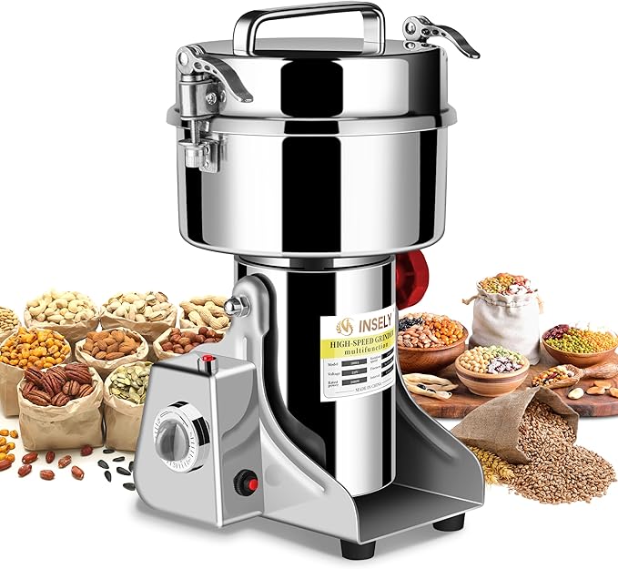 1000g Grain Mill Grinder High Speed Food Grain Mill Stainless Steel Seeds Flour Wheat Nut Spices Corn Pill Herbs & Seasonings Dry Grinder Electric Machine Grinder for Kitchen