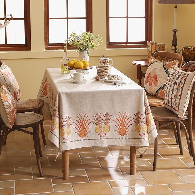 patdrea Designer Orange Tablecloth for Rectangle Tables,Pineapple Tree Pattern Linen Tablecloth,Tropical Style Fruit Table Cover Cloth Decor for Kitchen Dining Christmas,63"*87"