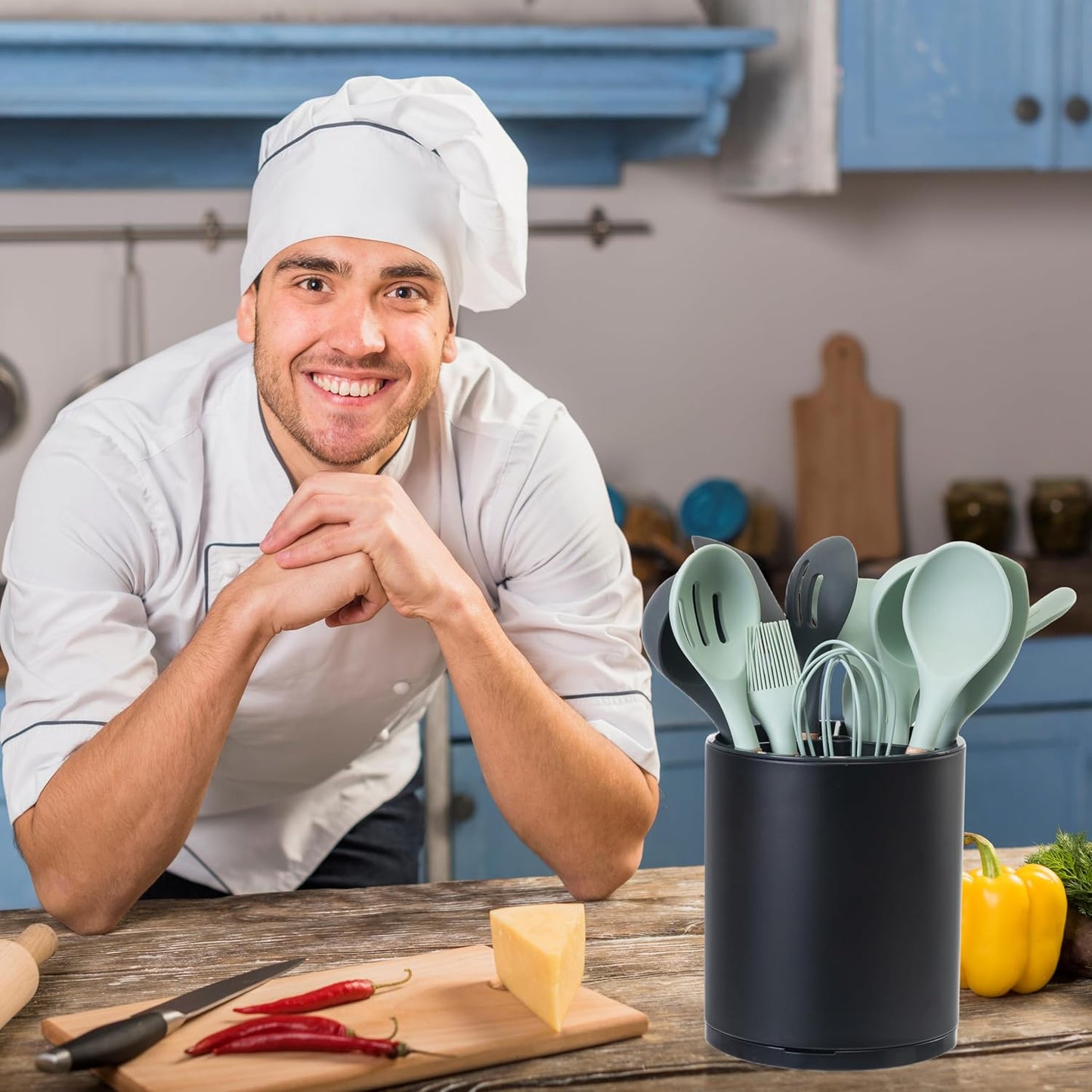 Kitchen Utensil Holder Extra Large 360°Rotating For Counter Organizer Stainless Steel Storage Cooking Silverware Caddy 3 Compartment Flatware Spoon Spatula Tool Cutlery Container(Black)