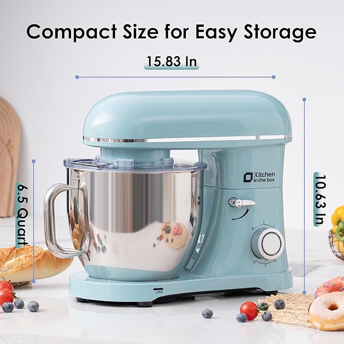 Kitchen in the box Stand Mixer - 6.5 Quart Mixing Bowl with Handle, 900 Watt Powerful Heavy Bread Dough Standing Mixers Tilt-head with Dough Hook, Whisk, Flat Beater and Splash Guard (Blue)