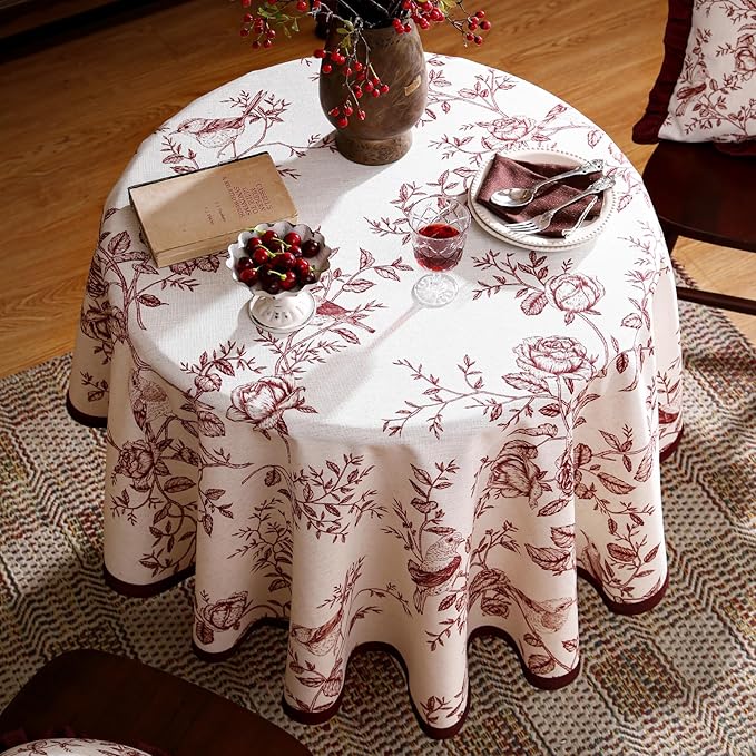 French Round Tablecloth, Linen Table Cloth with Dark Red Floral Leaves and Birds Pattern, Heavy Durable Table Cover for Dining Thanksgiving Kitchen Decor Party Christmas,Diameter 67"