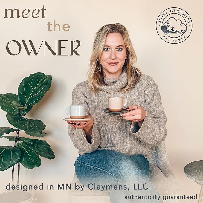 Mora Ceramic Mini Espresso Cups Set of 4, 3oz - Tiny Italian Inspired Mugs With Saucers For Small Shots of Coffee - Modern Boho Style For Any Kitchen or Cafe. Microwave Safe Porcelain - Asstd Neutrals