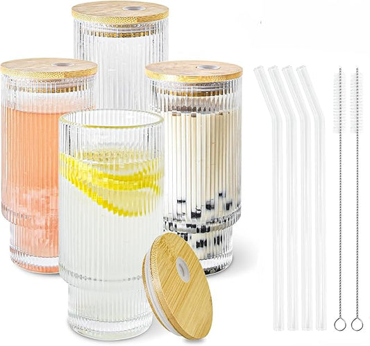 4 Pcs 16 oz Glasses Cups Set with Bamboo Lids Straws Brush Ribbed Vintage Aesthetic Glassware Set for Tea Iced Coffee Beer Cocktail Whiskey
