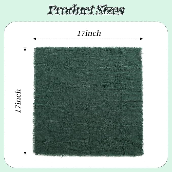 Handmade Cloth Napkins with Fringe, 100% Cotton Napkins, Delicate Handmade Linen Napkins for Dinners, Parties, Weddings and More, 17 x 17 Inch Set of 12 - DarkGreen