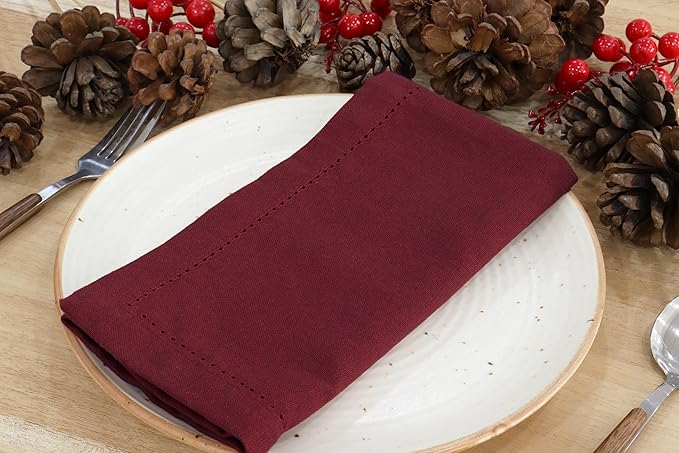 PurpleEssences Set of 12 Hemstitch Cloth Dinner Napkins 100% Cotton - Soft Durable Washable - Ideal for Wedding Christmas Holiday Winter - Perfect Everyday Use Table Linen 18x18 - Burgundy