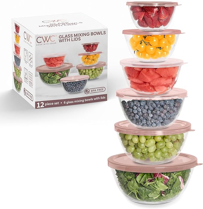 COOK WITH COLOR 12 Pc Glass Mixing Bowl Set with Lids – Borosilicate Glass Nesting Bowls for Cooking, Baking and Meal Prep, Pink