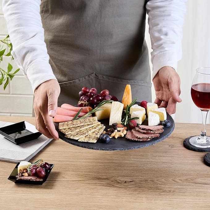 Restaurantware Slate Serving Trays 4 Pack of 11.81" Foam Feet Charcuterie Stone Plates Rustic Edges Freezable Black Square Serving Display Cheese Boards for Kitchen, Gourmet, Dining, Parties