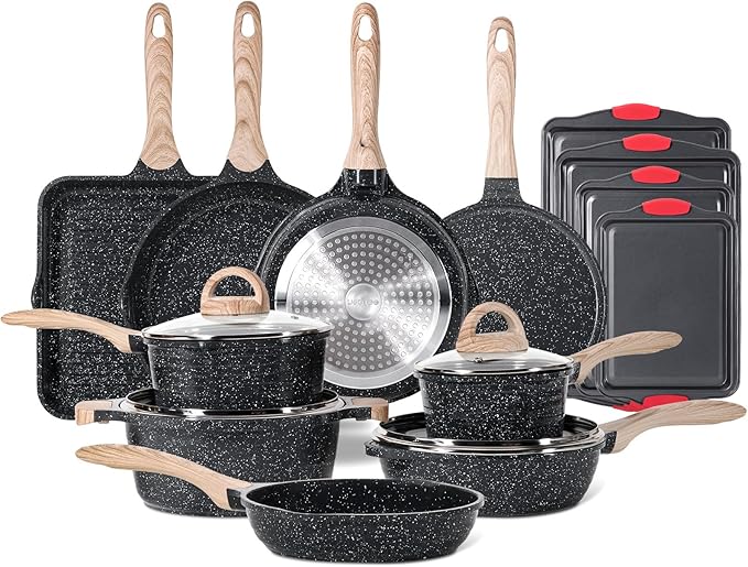 JEETEE 36Pcs Pots and Pans Set Non Stick, Cookware Set Non toxic Kitchen Healthy Induction Cooking Set W/Griddle, Sauté Pan, Baking Trays & Pancake Rake (PFOA, PFAS, PFOS Free)