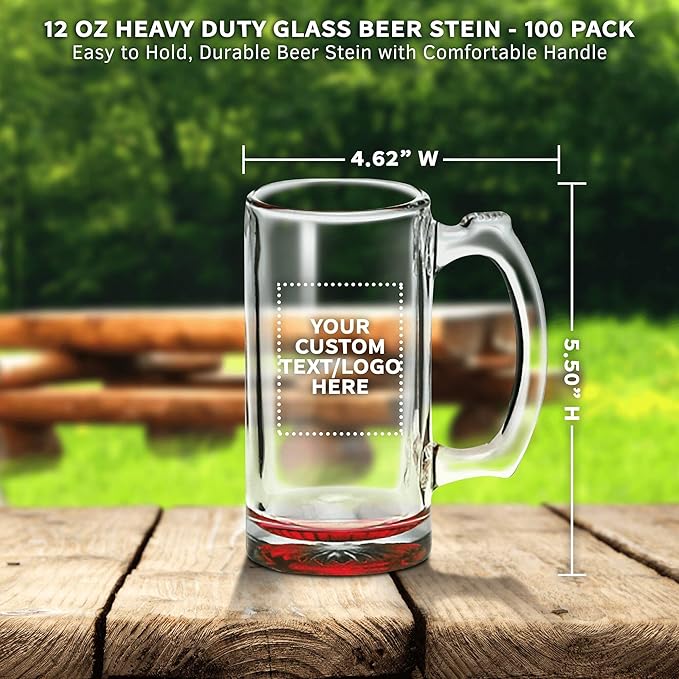 100 Libbey Beer Mugs Set, 12 oz. - Customizable Text, Logo - Groomsmen Glassware - Red